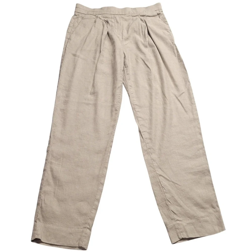 Babaton Pleated Linen Blend Trousers Tan Beige Elastic Waist Pants Size 2